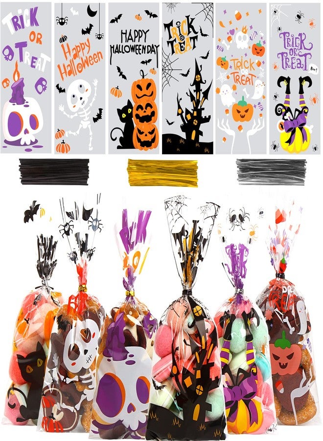 DIYASY 180 Pack Halloween Cellophane Treat Bags, Plastic Goodie Candy Bag for Kids Clear Goody Snack Bags Bulk Party Favors with 210 Twist Ties - Image 1